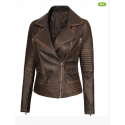 Women's Brown Rub-Off Double Rider Padded Leather Jacket