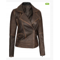 Women's Brown Rub-Off Double Rider Padded Leather Jacket