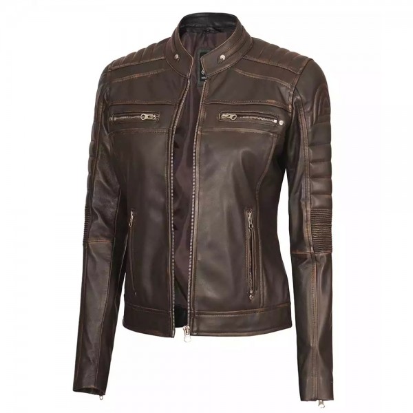 Womens Dark Brown Cafe Racer Leather Jacket