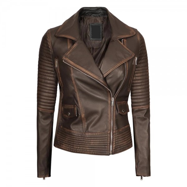 Women's Brown Rub-Off Double Rider Padded Leather Jacket